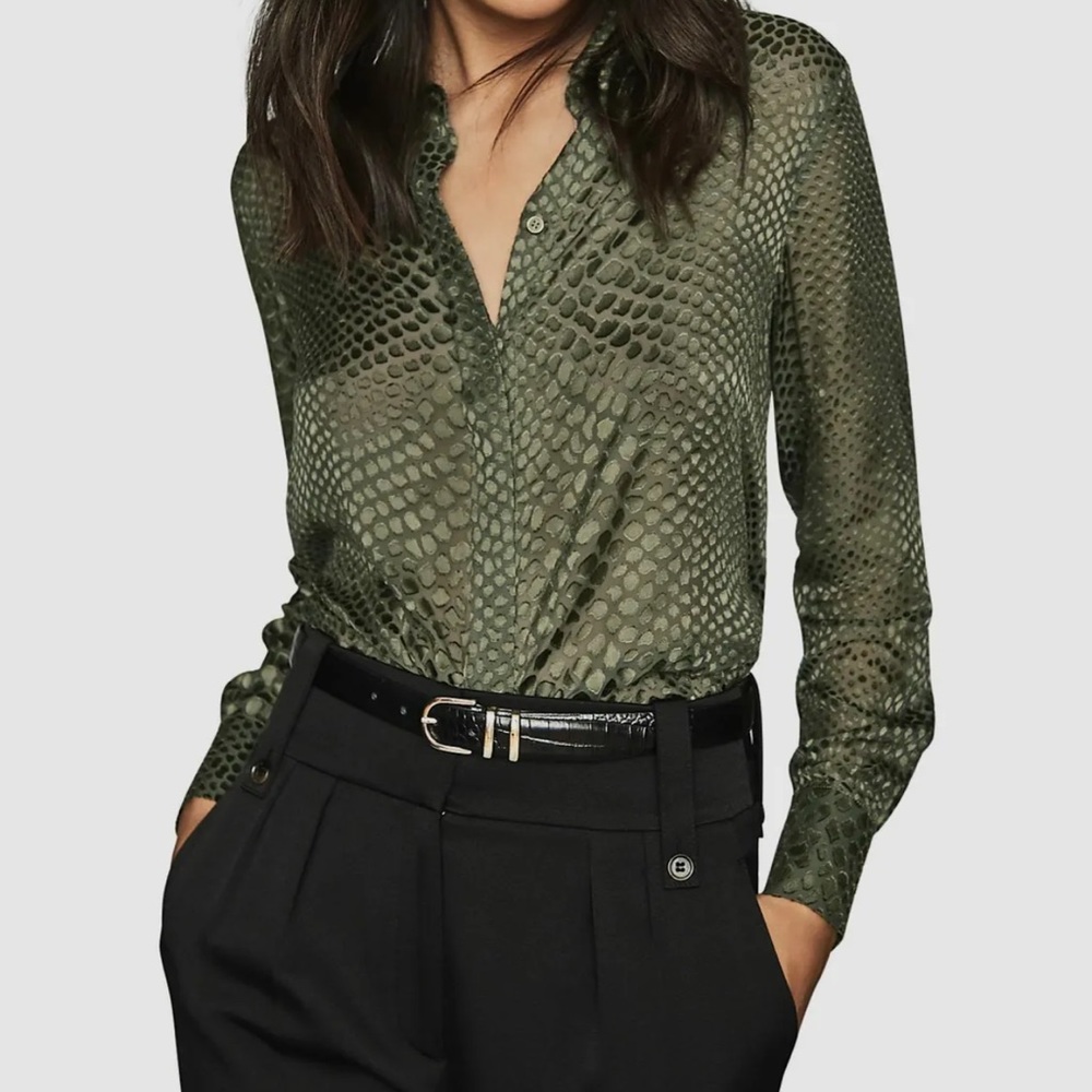 Reiss Lucinda Burnout Blouse Green Khaki M 8 Button Front